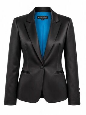Aidan Mattox Black Satin Blazer | Size 6 | Blue Lining | Tailored Evening Jacket